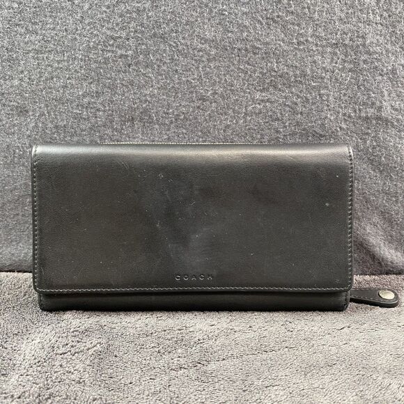 Coach Handbags - Vintage Coach Legacy Black Leather Trifold Checkbook Wallet Silver Zip Organizer
